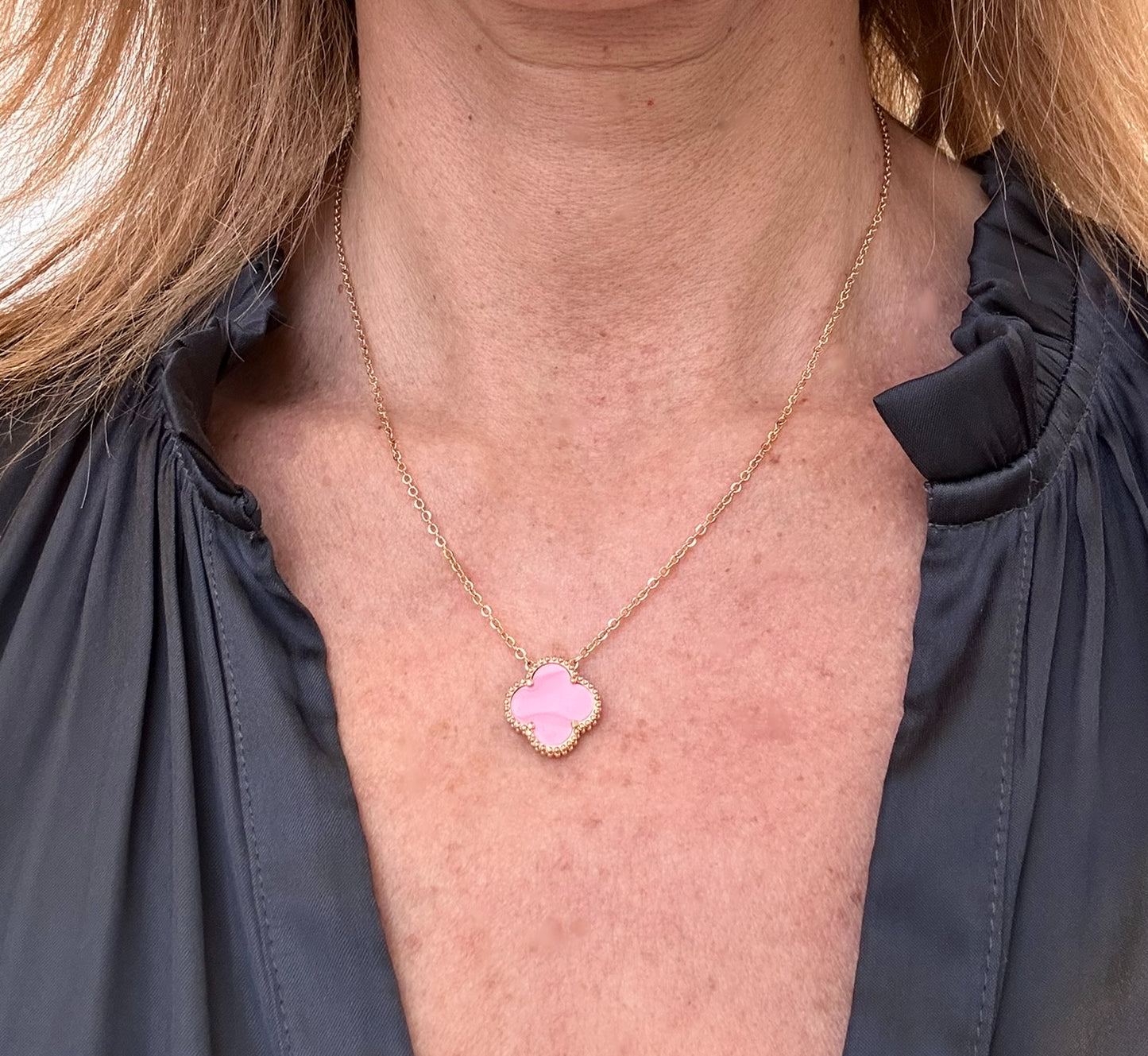 Necklace with Single Clover Charm in Pink