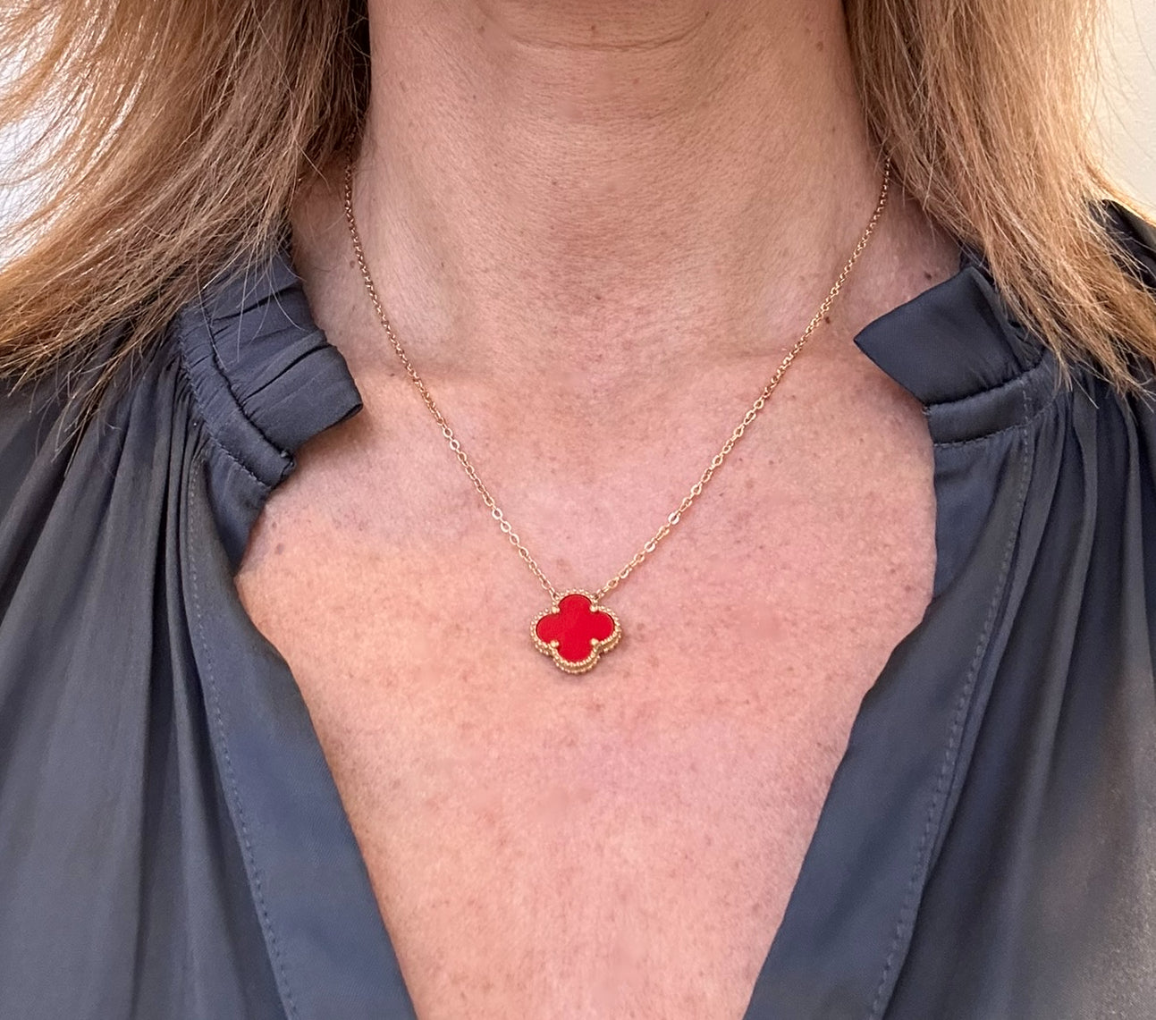 Necklace with Single Clover Charm in Red