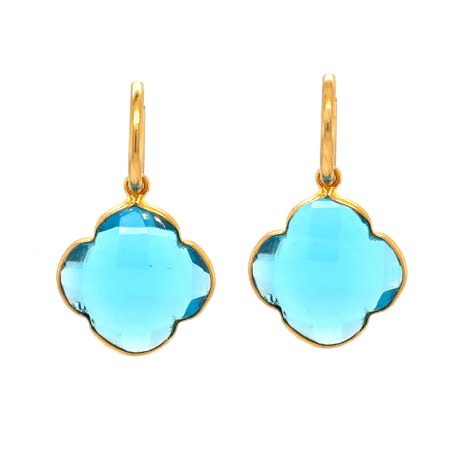 Delicate gold hoop earrings with bright Sky Blue Hydro Quartz semi-precious gemstone clover shaped charms