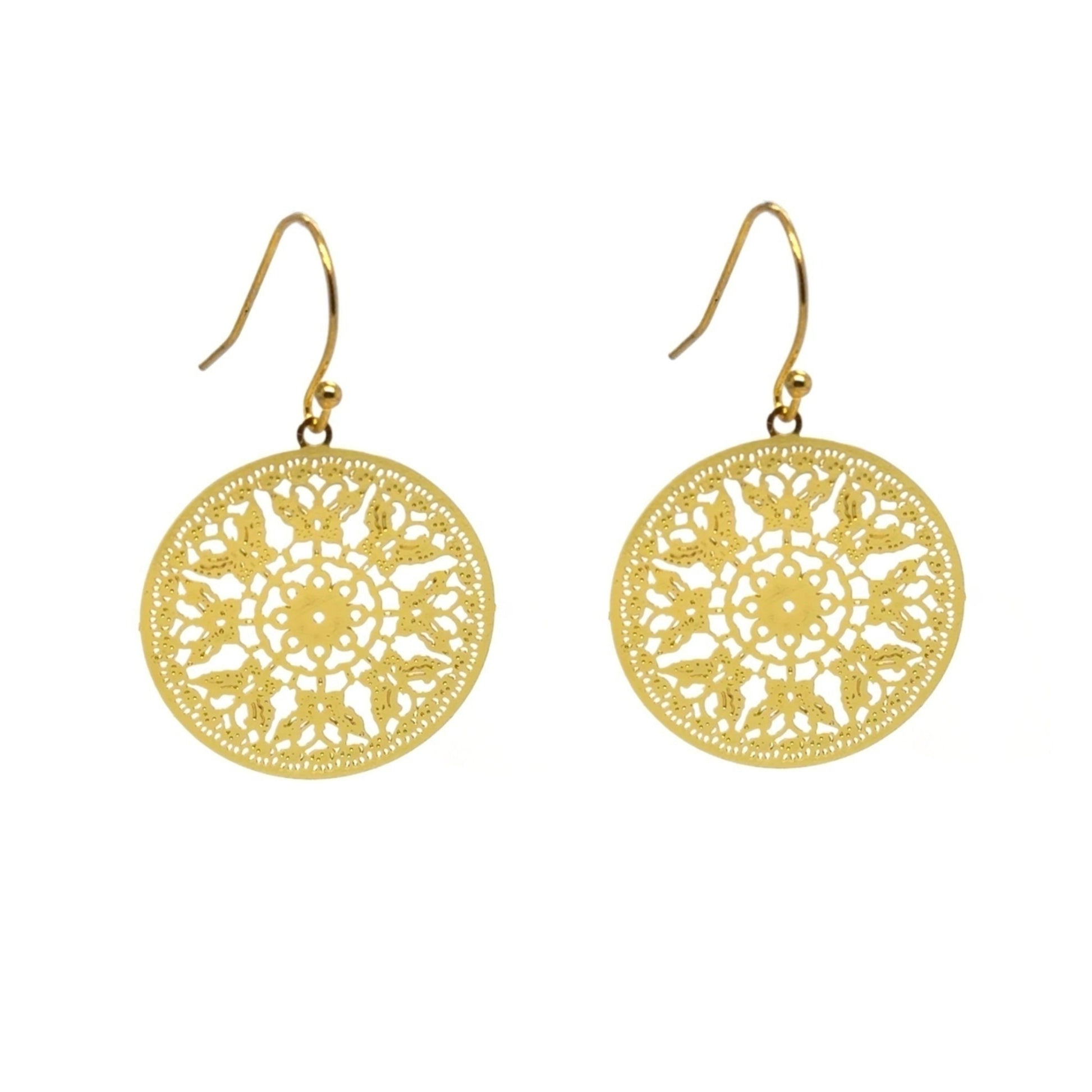 smaller bohemian patterned gold round earrings 