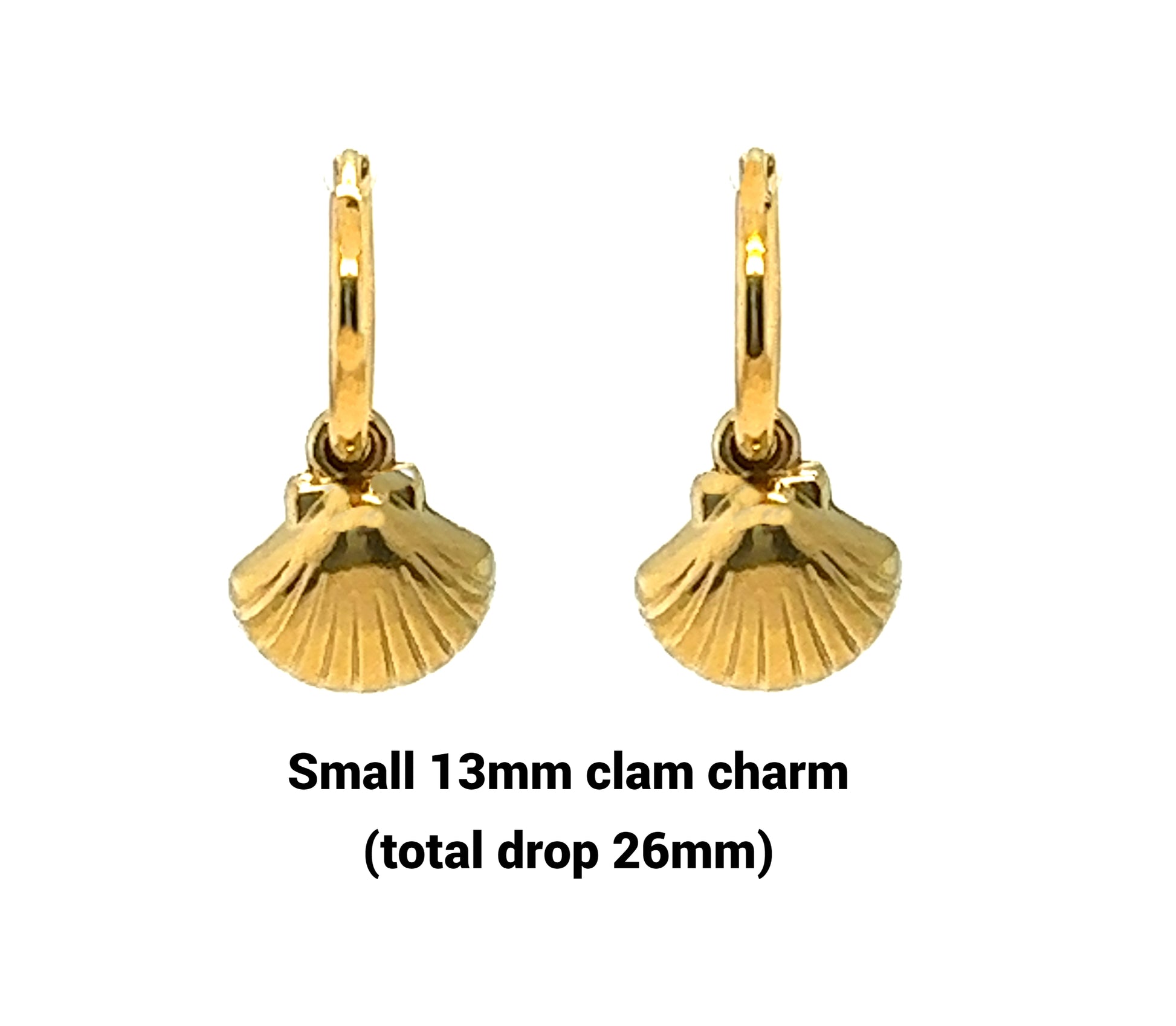 Delicate gold hoop earrings with small clam shaped charms