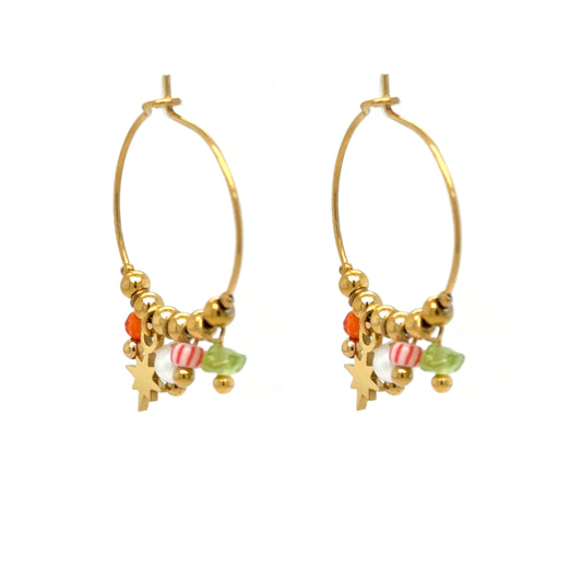 Medium thin hoops with dangling colourful gold beads
