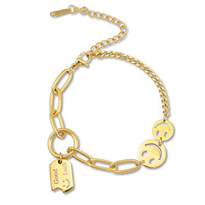 This adjustable bracelet has a mix of 2 chain styles with 2 smiley face charms and a dangling Good Luck tag style charm