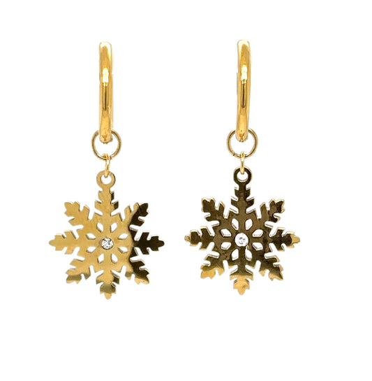 gold hoop earrings with snowflake shaped charms