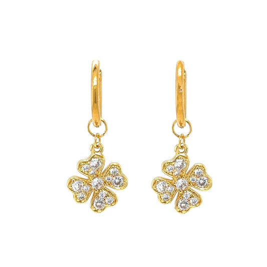 gold hoop earrings with clover shaped sparkly charms