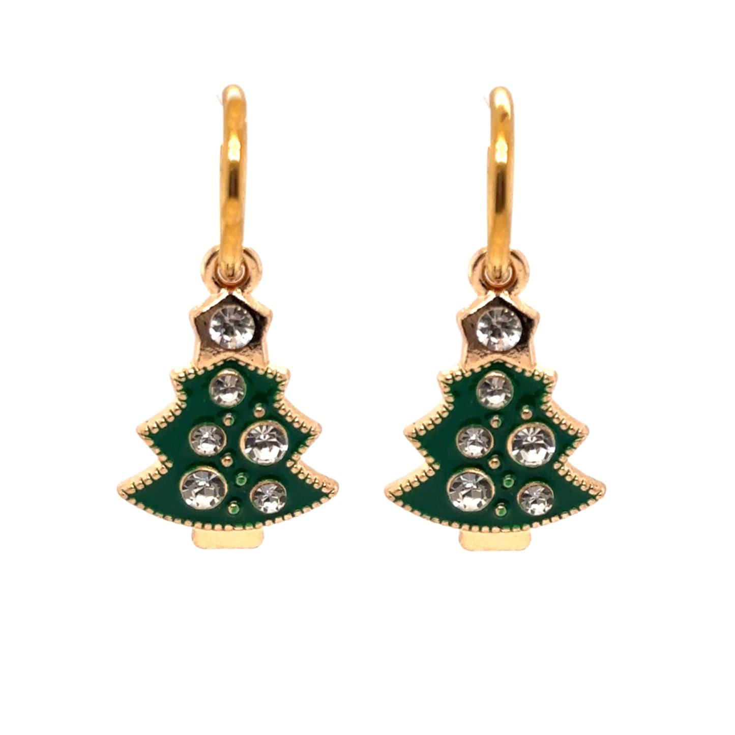 Delicate gold hoop earrings with sparkly Christmas tree shaped charms