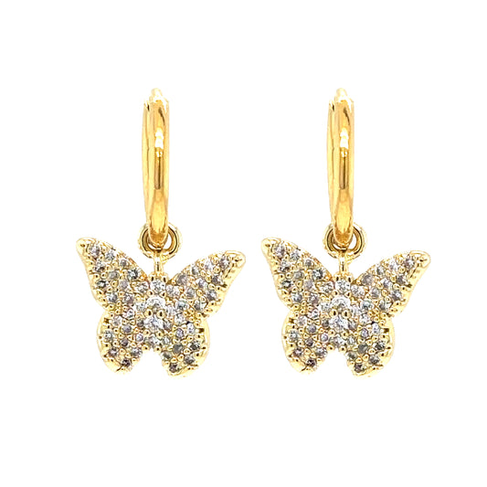 gold hoop earrings with butterfly shaped sparkly charms