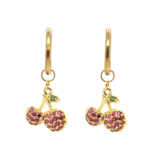 Delicate gold hoop earrings with sparkly cherry shaped charms