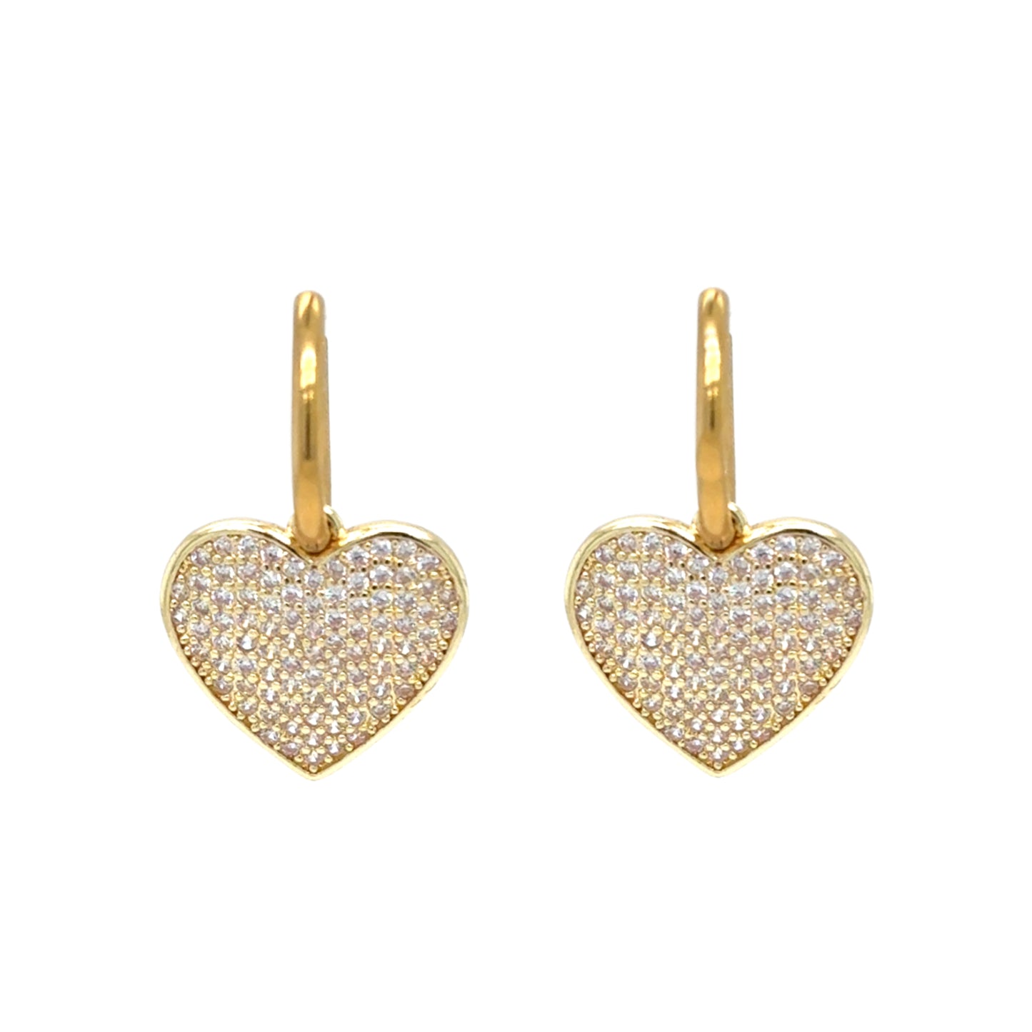 Delicate gold hoop earrings with sparkly heart charms