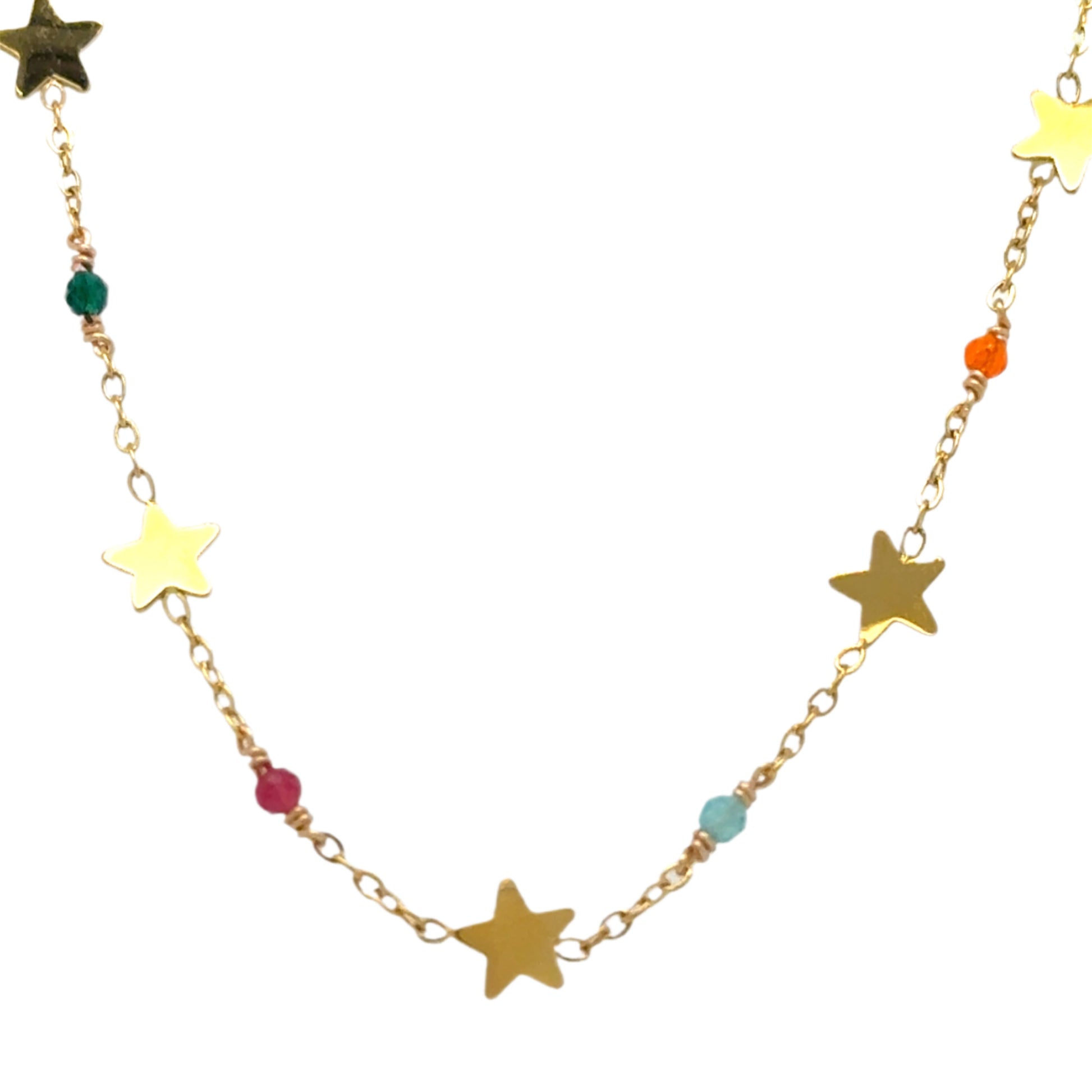 Gold chain necklace with small gold stars and multi-coloured tiny gemstone beads all around