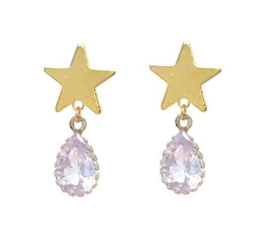 Star shaped gold stud earrings with one oval dangling sparkly crystals