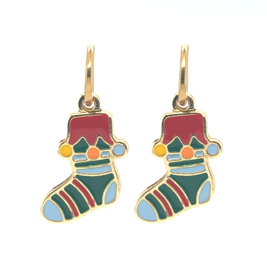 Delicate gold hoop earrings with Christmas stocking shaped charms