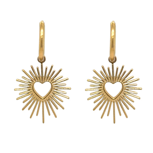Delicate gold hoop earrings with fun radiating gold heart charms