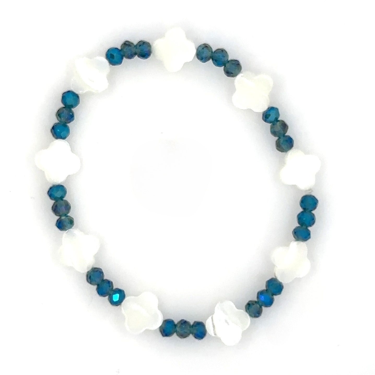 mother of pearl clover and teal beaded bracelet