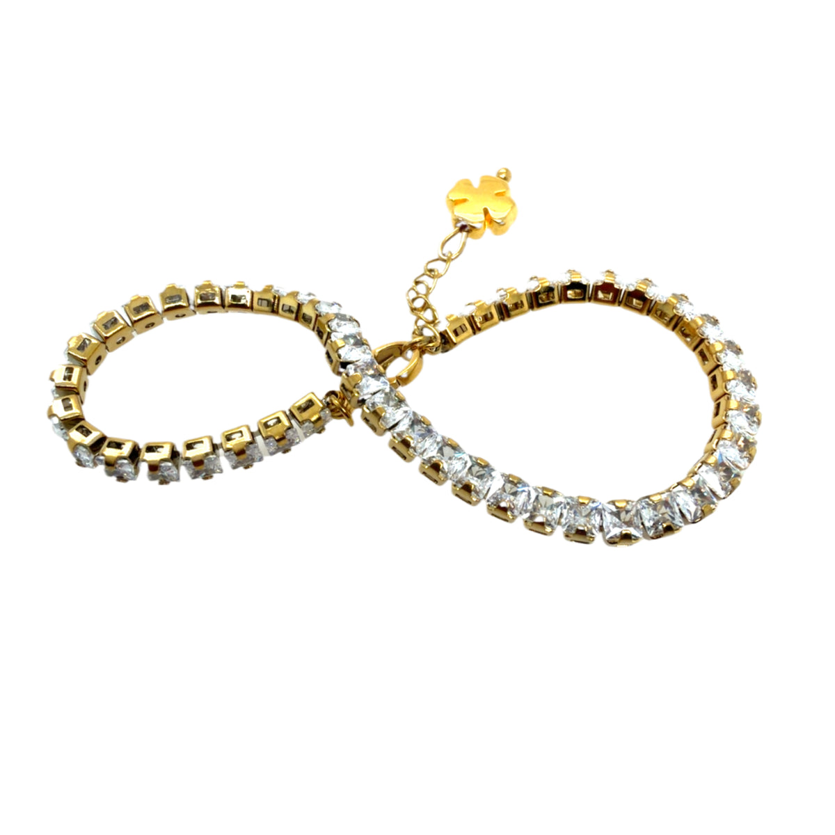 Sparkly tennis bracelets with square crystals all around and small gold clover for luck