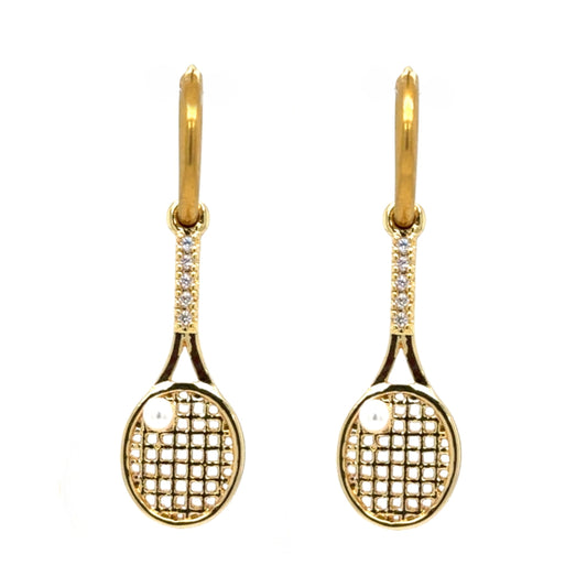 Delicate gold hoop earrings with adorable sparkly tennis racket charms with small tennis ball pearl