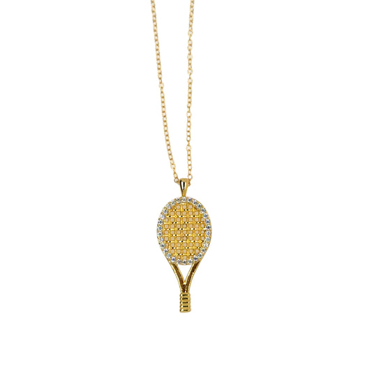 Delicate gold belcher chain necklace with fun sparkly tennis racket charm for Wimbledon lovers