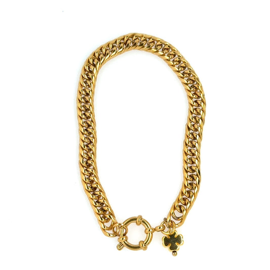 This gold bracelet has a chunky intertwined chain and rounded easy latch clasp. 