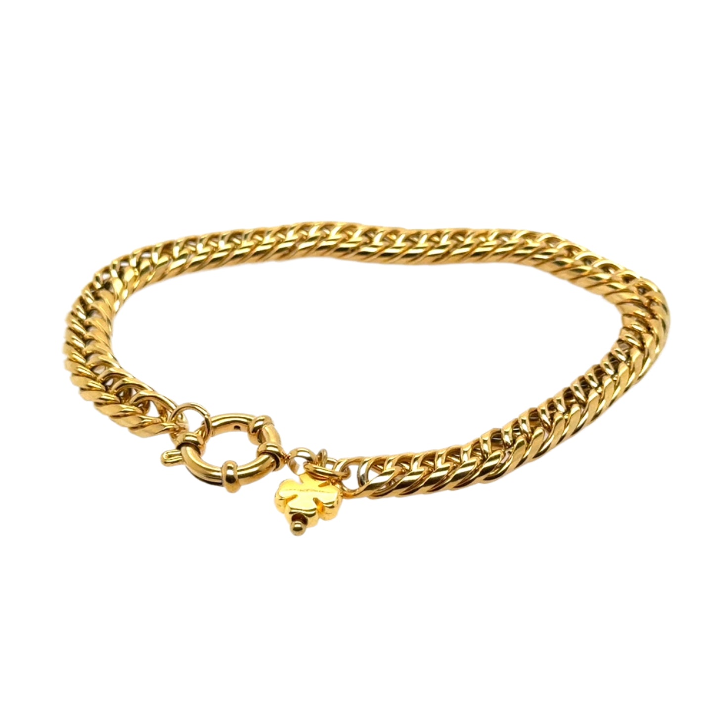 Gold chain bracelet with thick chain and rounded clasp on a white background