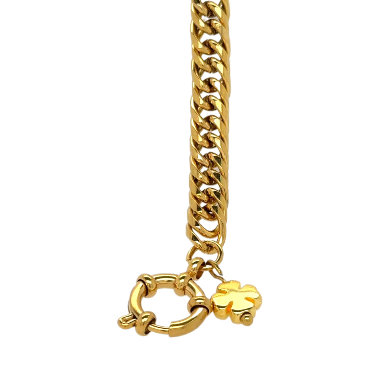 Gold chain bracelet with a clover charm on a white background