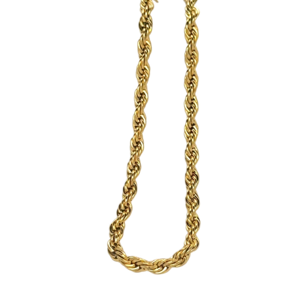 Gold rope chain necklace on a white background
