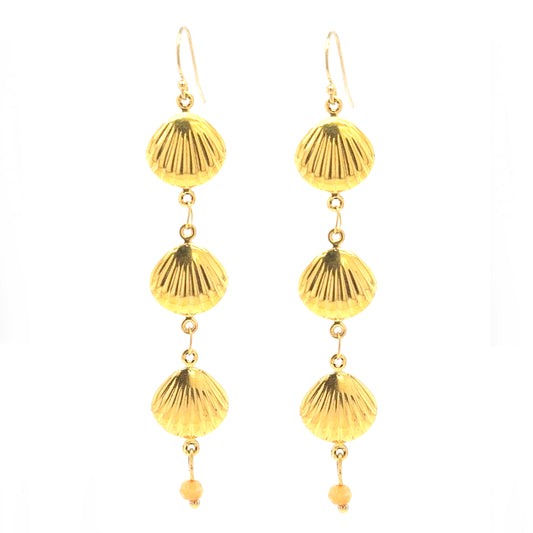 Gold filled ear hooks with three dangling gold shell charms and a tiny orange quartz bead
