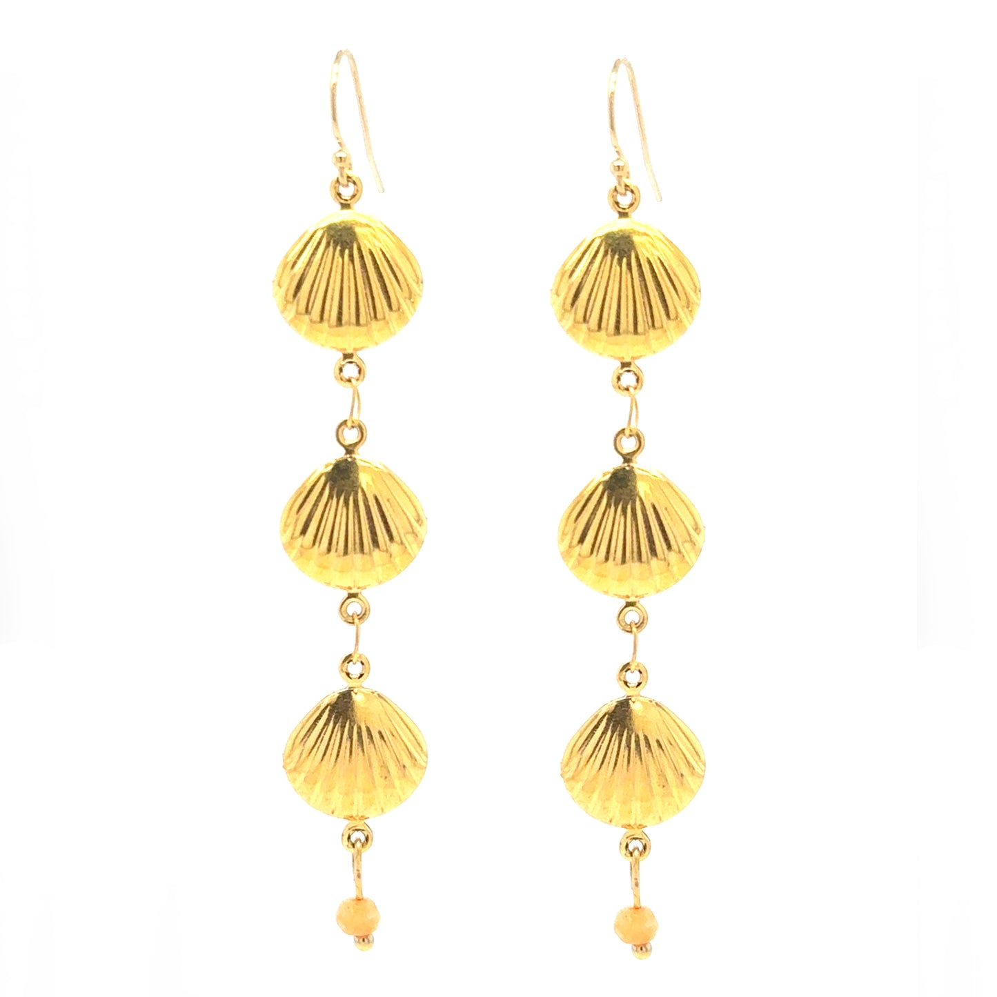 Gold filled ear hooks with three dangling gold shell charms and a tiny orange quartz bead