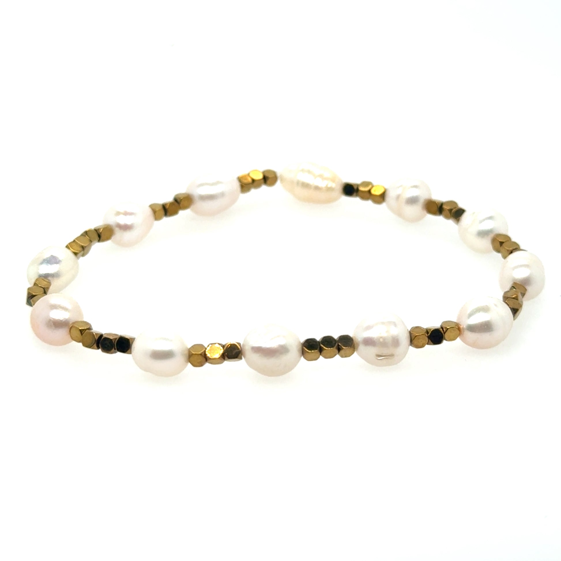 This bracelet has an alternating pattern of 3 small Hematite gemstone square beads and small freshwater pearls