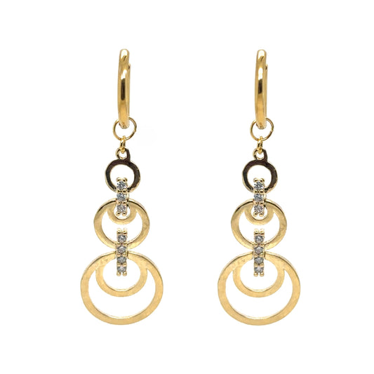 Delicate gold hoop earrings with three circle sparkly charms