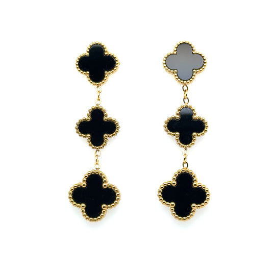 Clover shaped stud earrings with two dangling clover shaped charms all in black