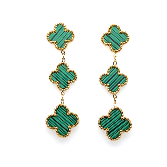 Clover shaped stud earrings with two dangling clover shaped charms all in malachite style green