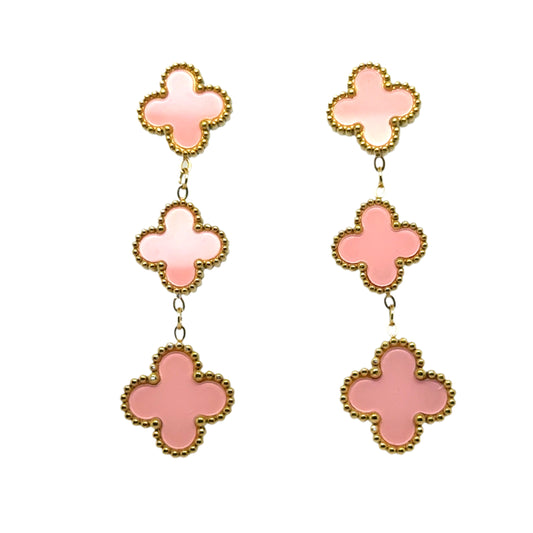 Clover shaped stud earrings with two dangling clover shaped charms all in pink