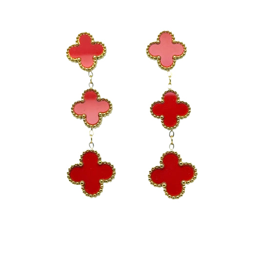 Clover shaped stud earrings with two dangling clover shaped charms all in red