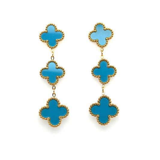 Clover shaped stud earrings with two dangling clover shaped charms all in blue
