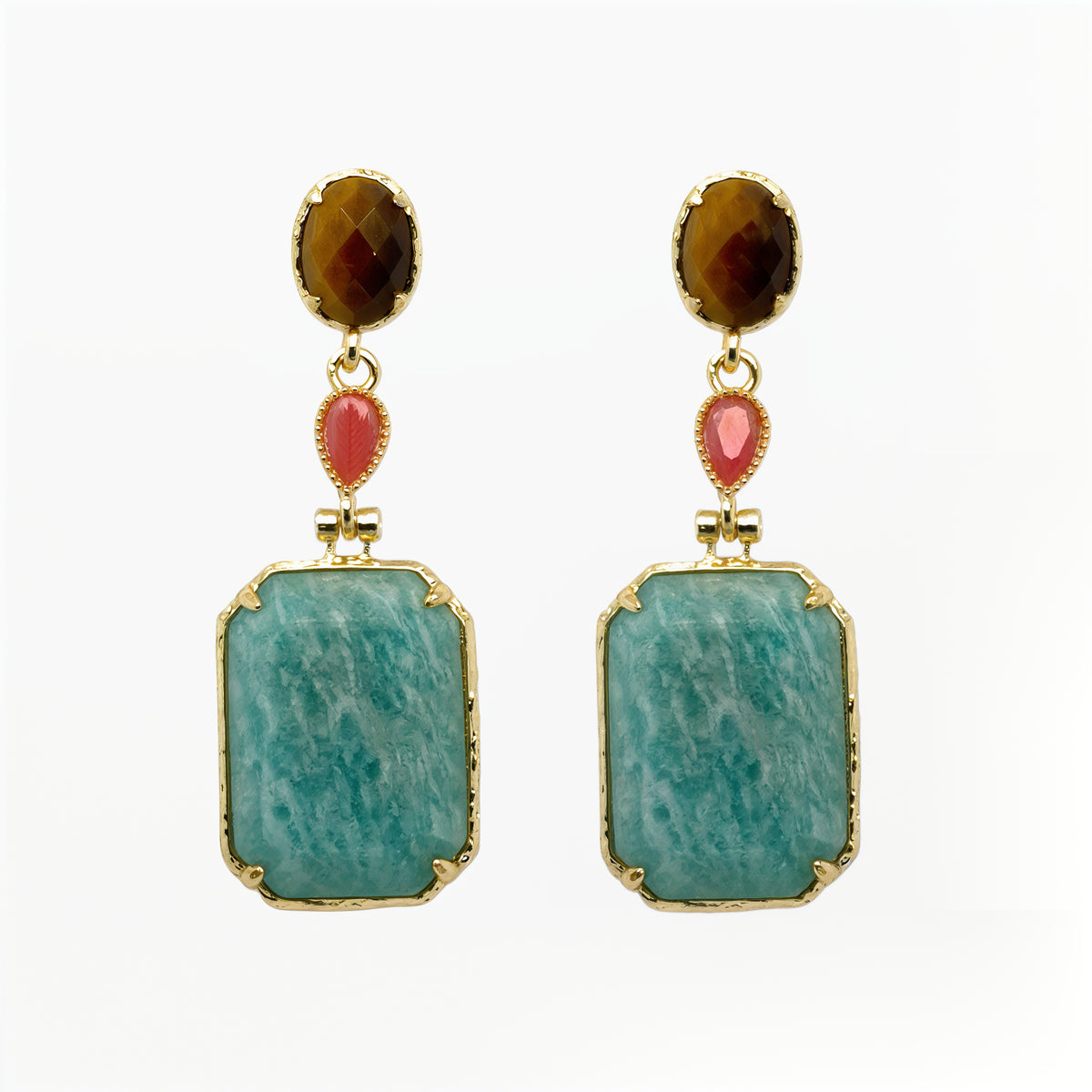 Gorgeous semi-precious gemstone stud earrings with dangling Tiger Eye oval, Pink Quartz Teardop and Amazonite rectangle stones
