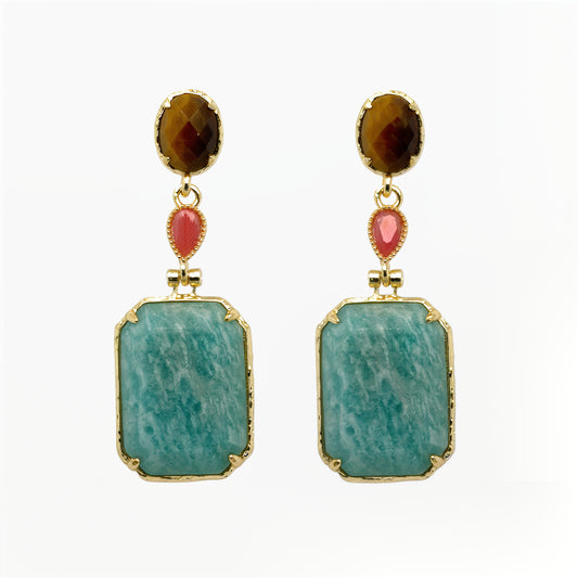Gorgeous semi-precious gemstone stud earrings with dangling Tiger Eye oval, Pink Quartz Teardop and Amazonite rectangle stones