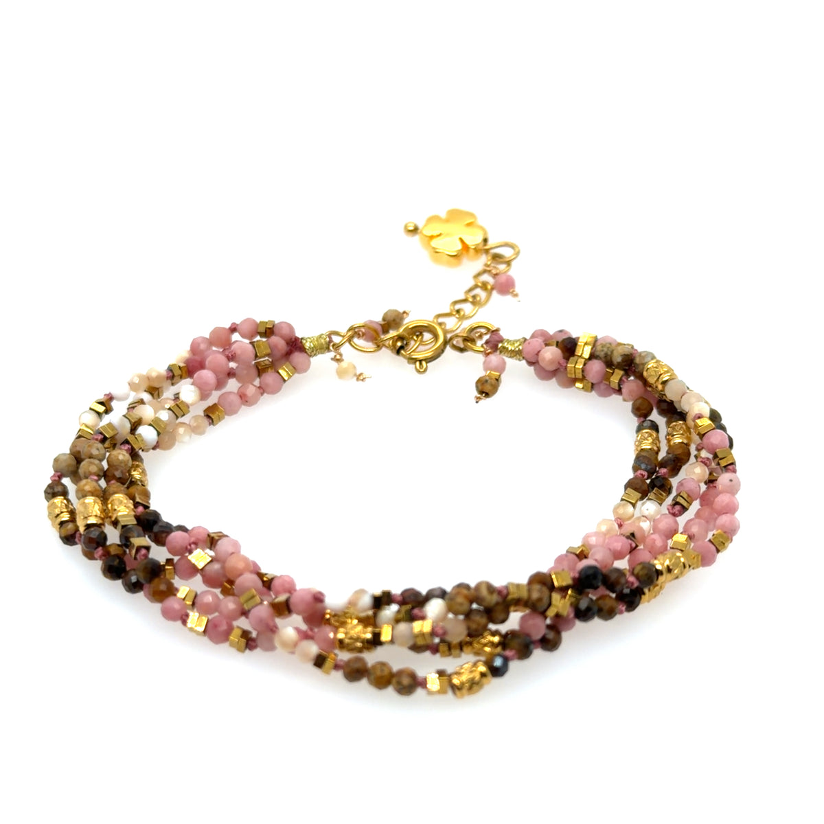 Lovely four stranded gemstone bracelet with Pink Opal, Tiger Eye, and tiny Freshwater pearls