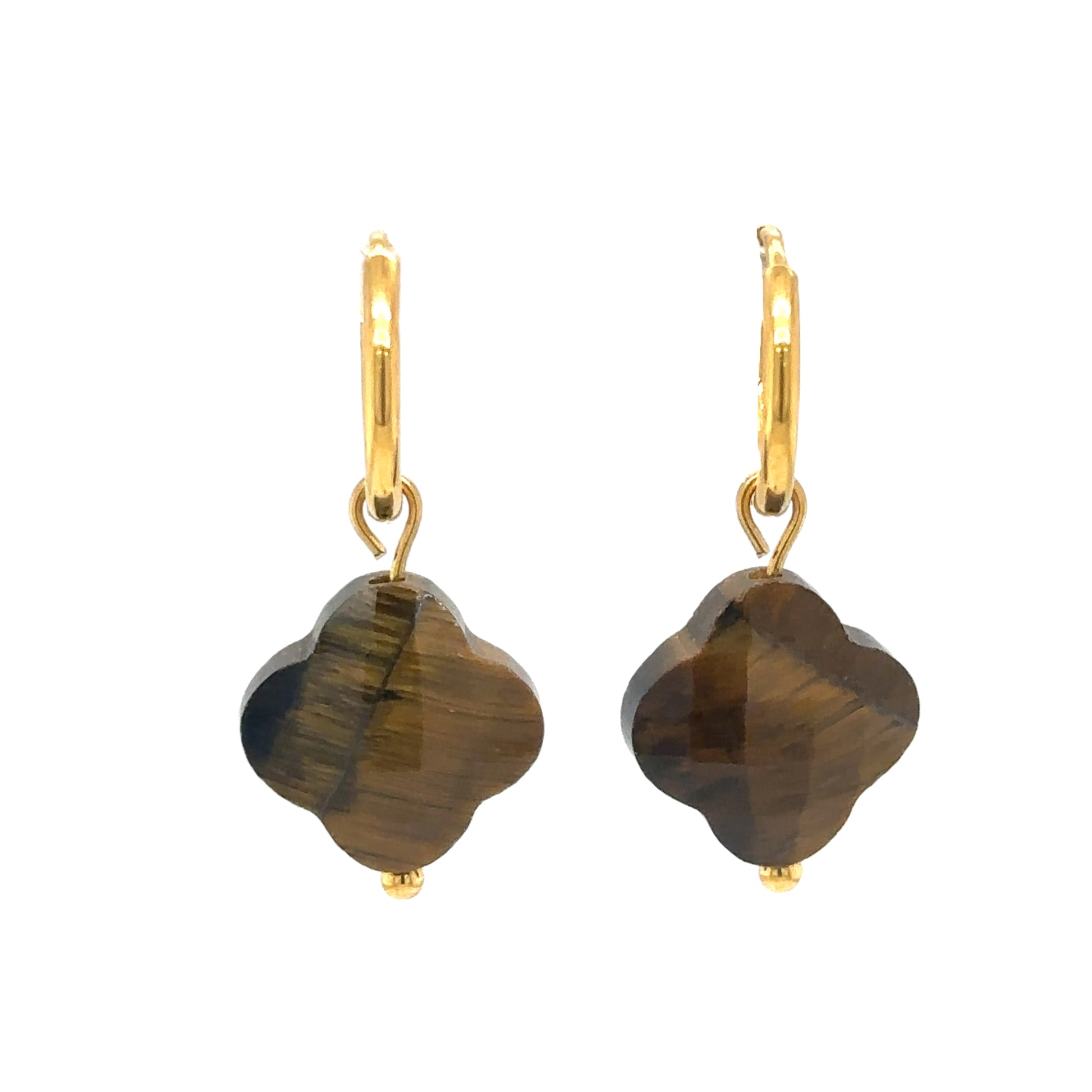 gold hoop earrings with clover shaped charms made of faceted semi-precious Tiger Eye gemstones