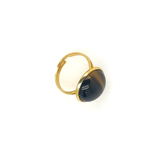 gold plated adjustable ring with tiger eye round gemstone