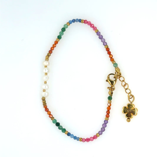 Delicate bracelet with rainbow of tiny gemstones and freshwater pearls and gold clover for good luck