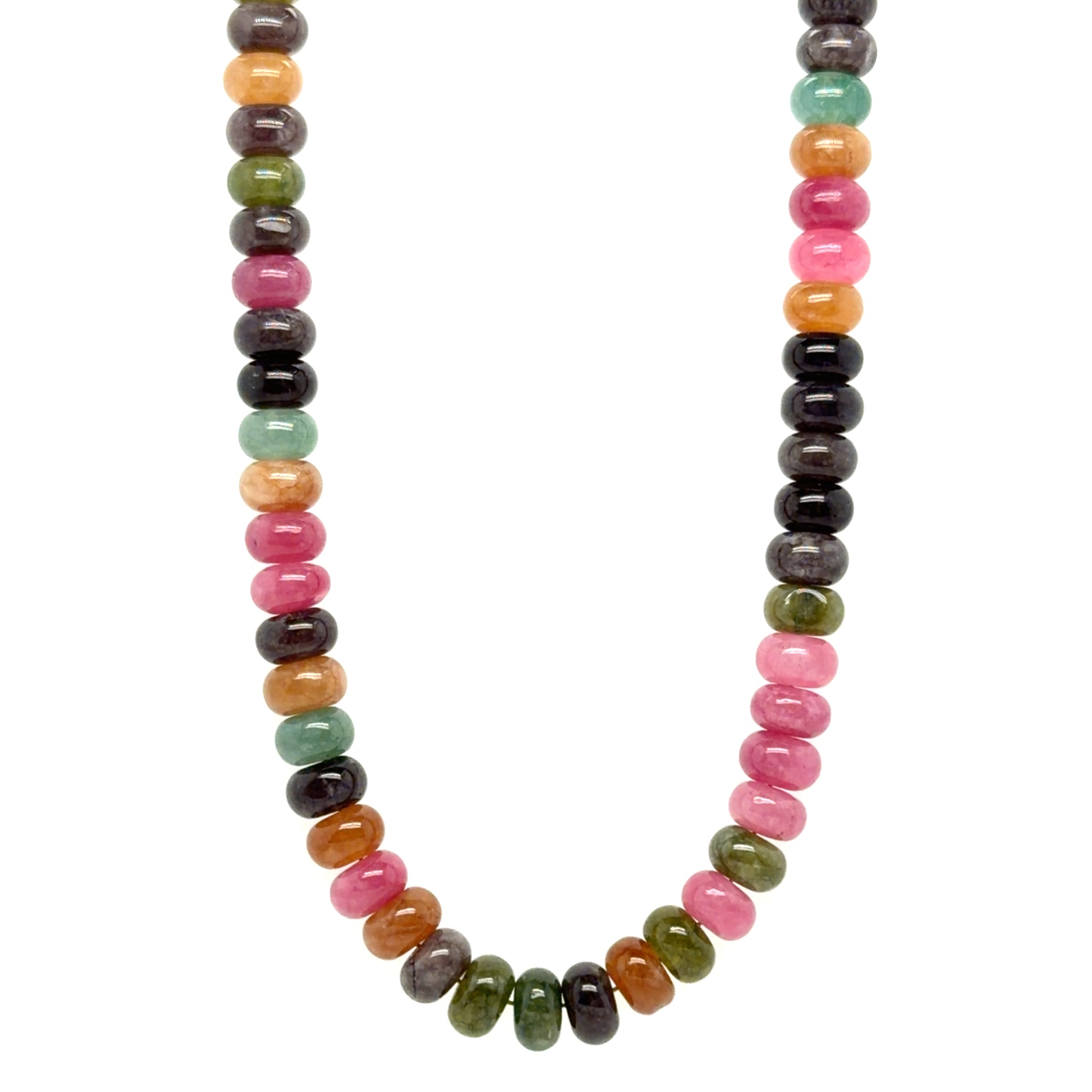 Lovely necklace with smooth Tourmaline green, yellow and pink gemstone rondelle beads