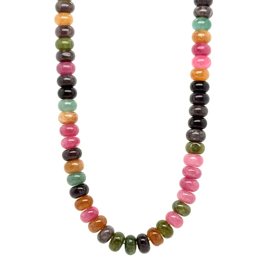 Lovely necklace with smooth Tourmaline green, yellow and pink gemstone rondelle beads