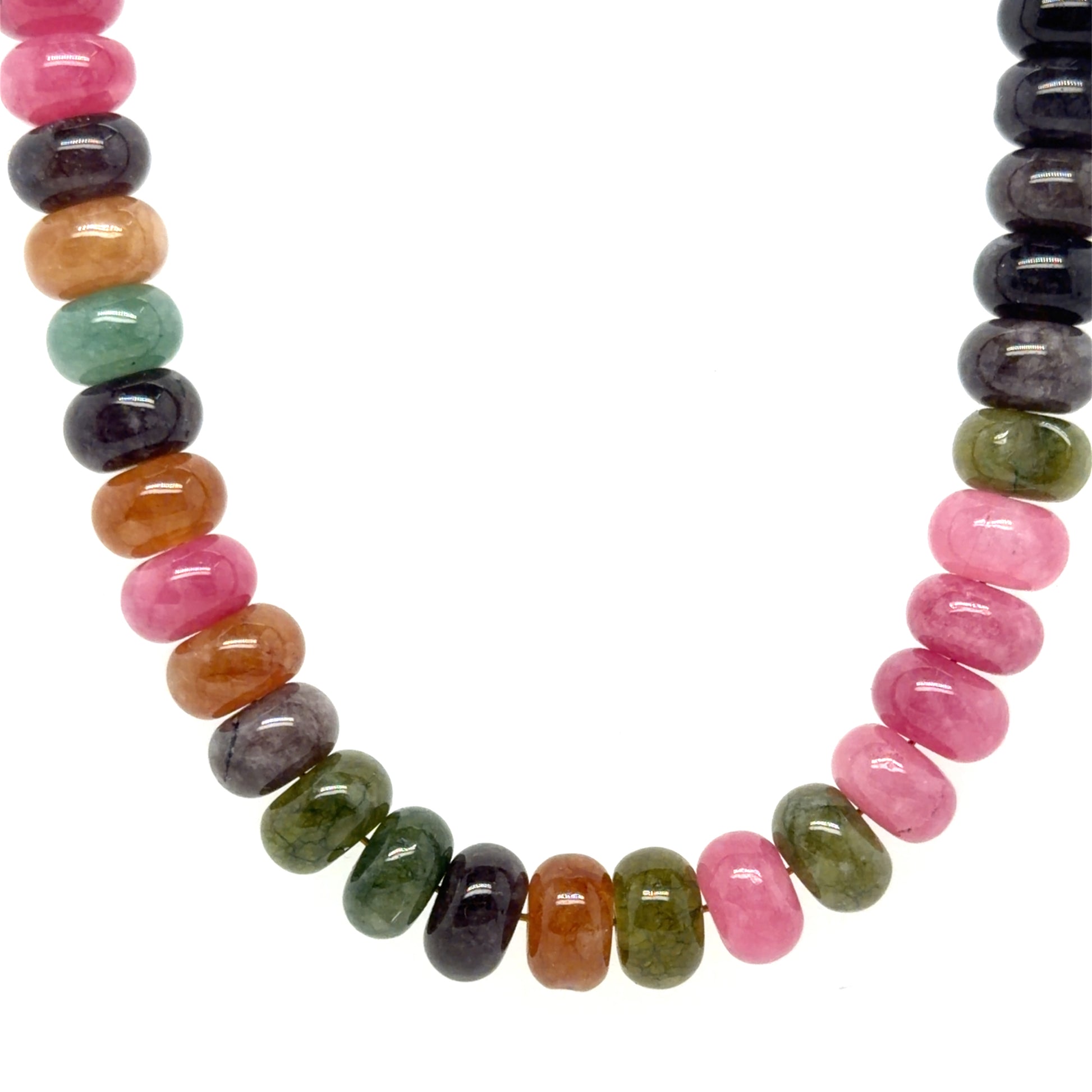 Necklace with multicolored gemstone beads on a white background