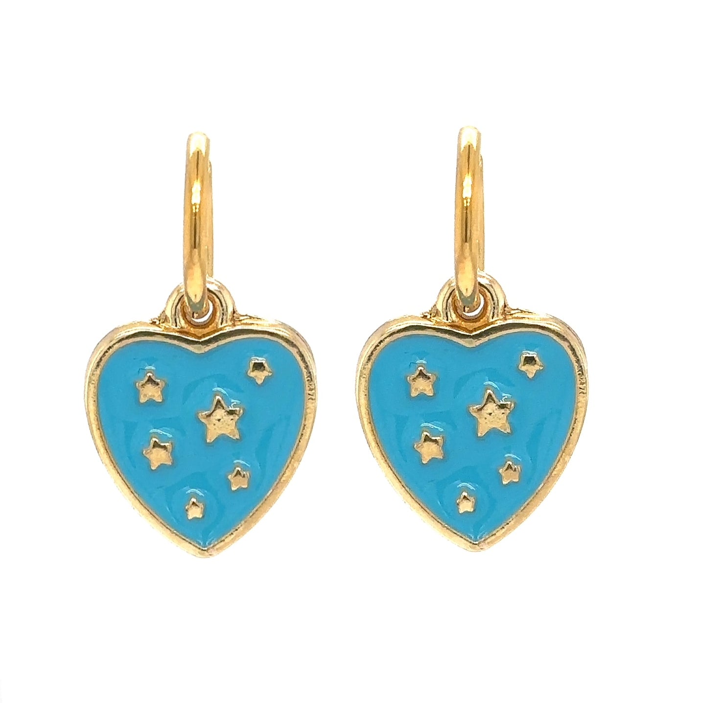 gold hoop earrings with turquoise blue and gold enamel heart-shaped charms