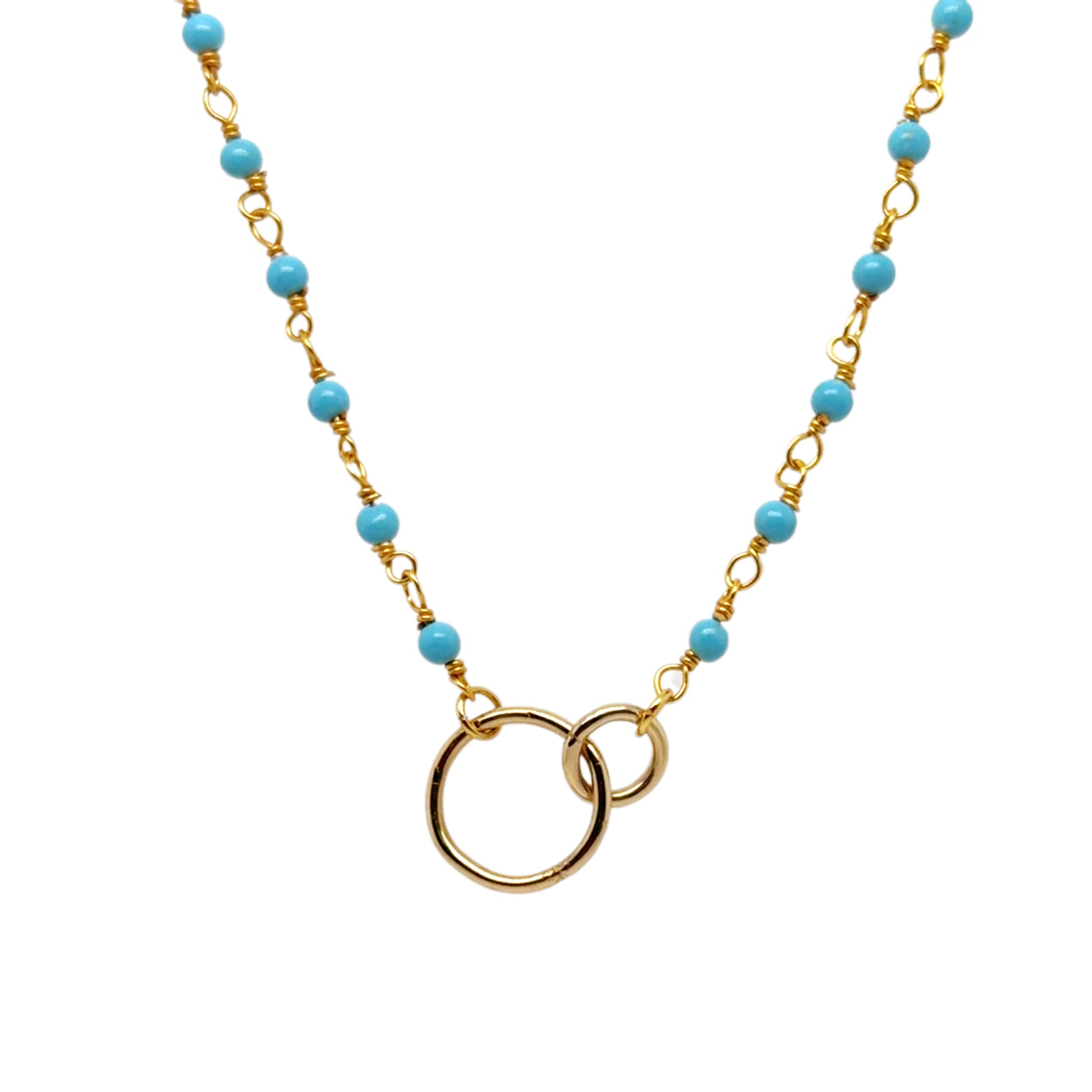Gold rosary chain with turquoise enamel and interconnected circles in the middle