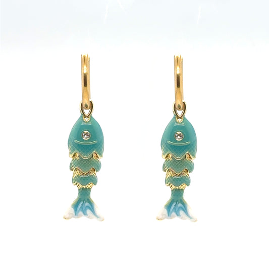 Delicate gold hoop earrings with turquoise moving fish charms