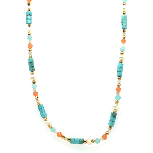Lovely necklace with turquoise, orange and pearl beads