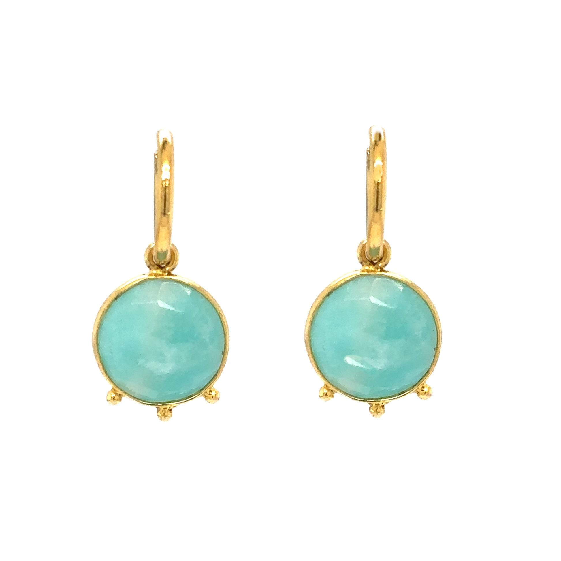 gold hoop earrings with greenish Turquoise semi-precious gemstone round charms