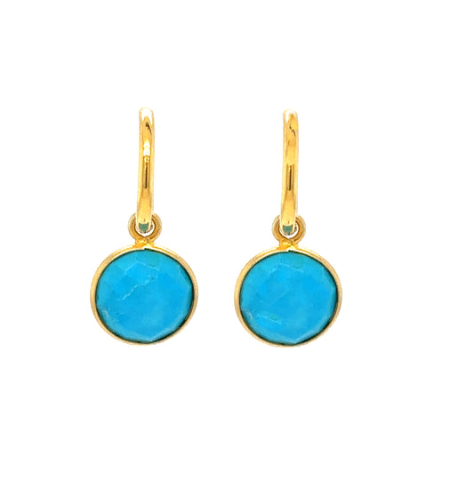 gold hoop earrings with deep Turquoise small round semi-precious gemstone charms