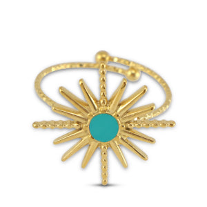Gold adjustable ring with big Turquoise and gold sun design